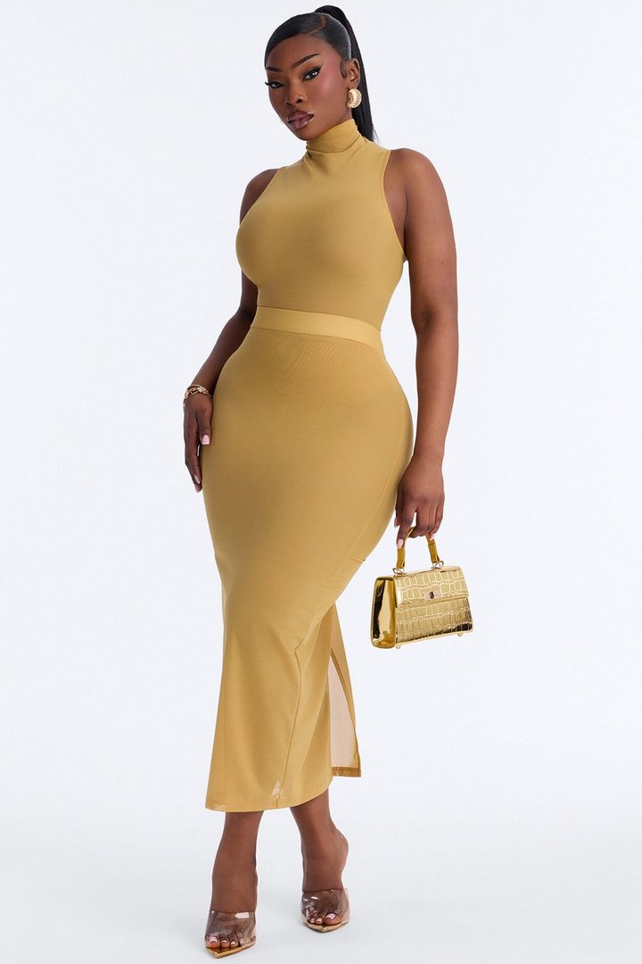 Power Mesh Turtle Neck Sleeveless Bodysuit - Honey