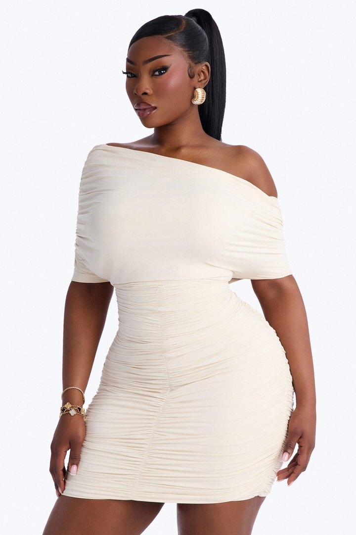 Second Skin Double Lined Off Shoulder Ruched Mini Dress - Bone