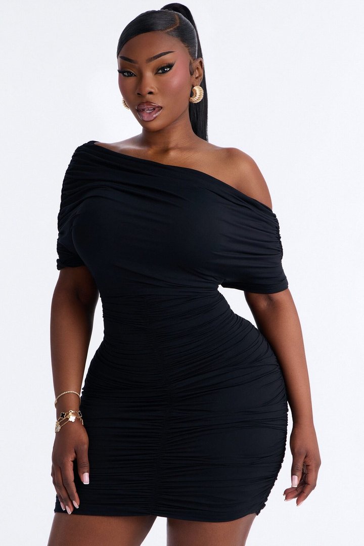 Second Skin Double Lined Off Shoulder Ruched Mini Dress - Black