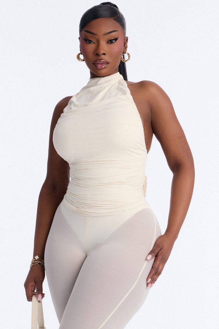 Second Skin Double Lined Ruched Mock Neck Halter Top - Bone