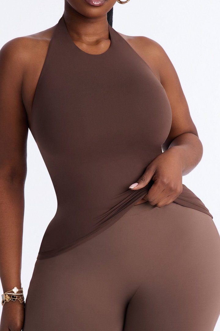 Second Skin Bra Pad Sleeveless Halter Top - Brown