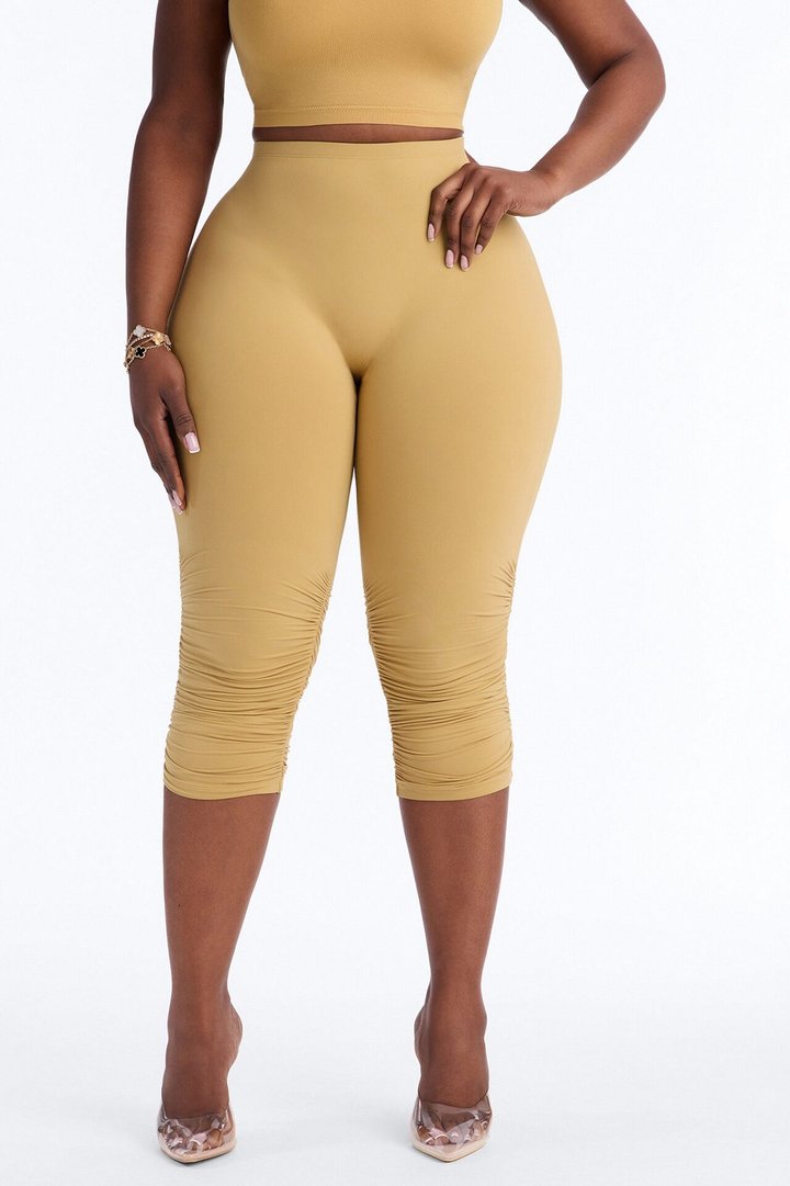 Second Skin Double Lined Ruched Low Rise Capri Legging - Honey