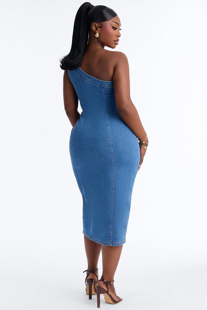 Karina One Shoulder Denim Midi Dress - Denim