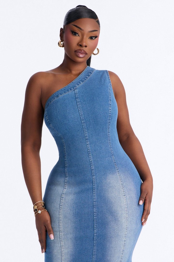Karina One Shoulder Denim Midi Dress - Denim