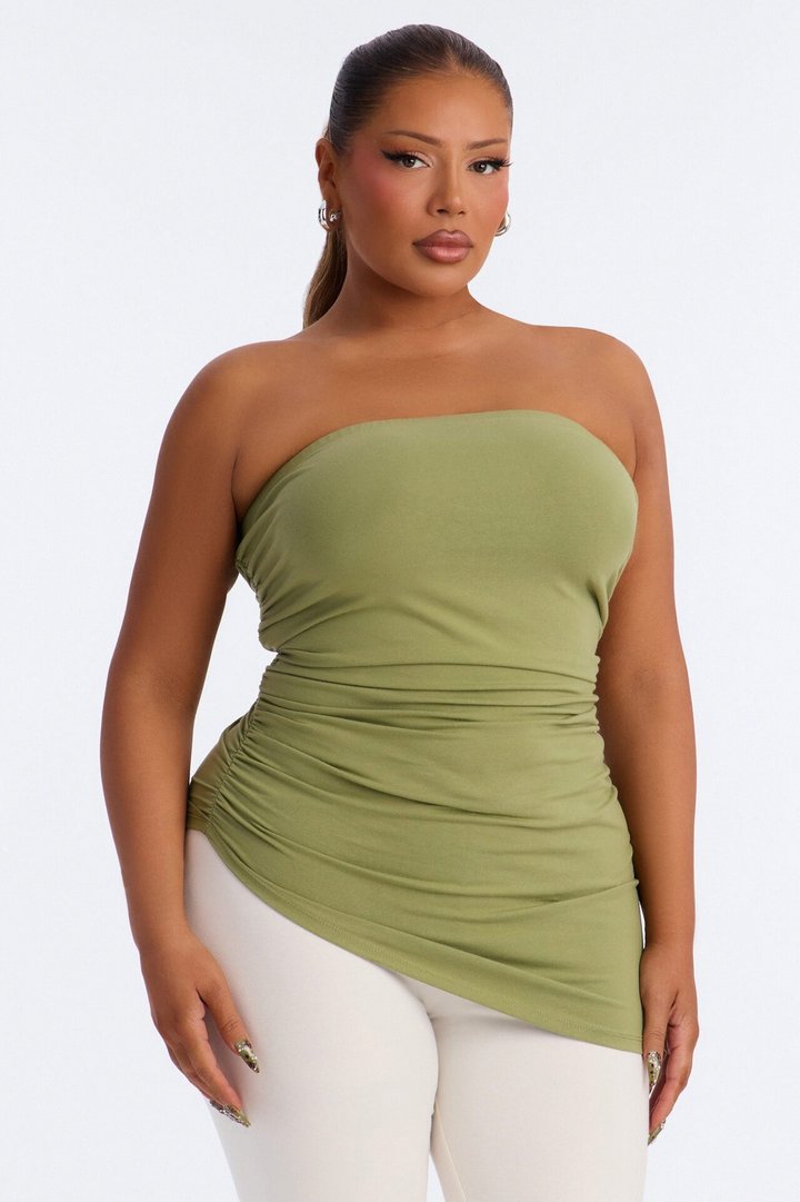 Quinn Asymmetrical Ruched Tube Top - Moss
