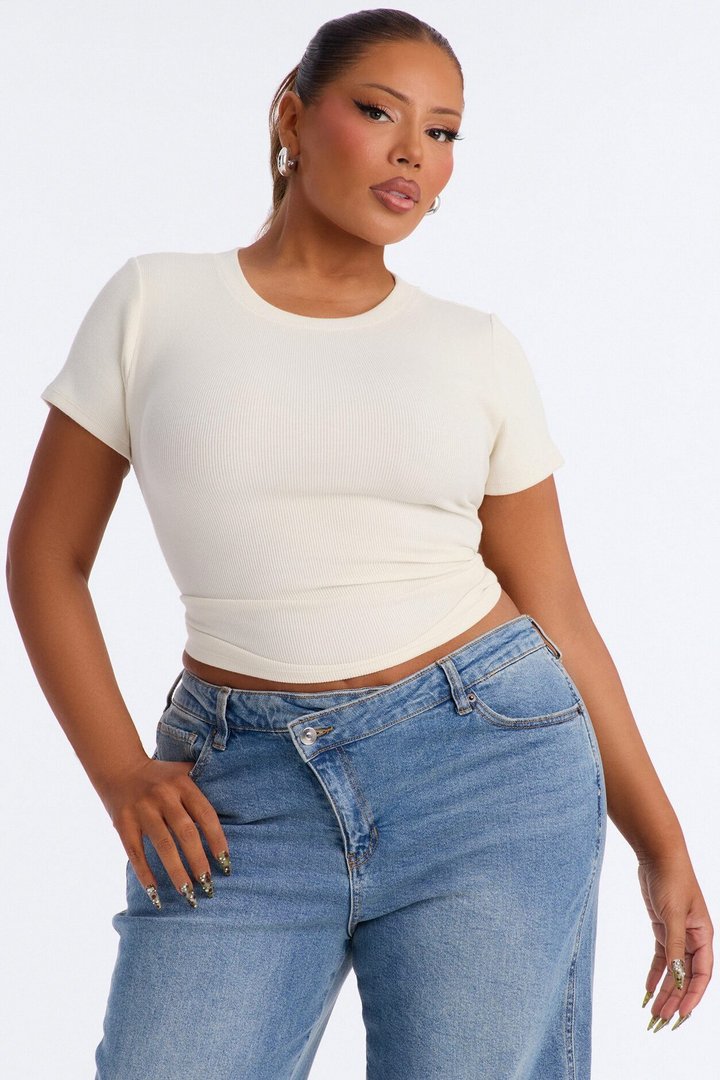 Kayla Rib Cap Sleeve Crew Neck Top - Cream
