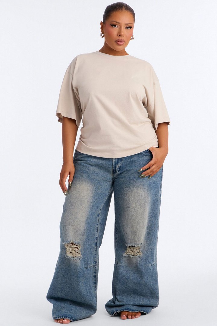 Nora Crew Neck Ruched Short Sleeve T-Shirt - Stone