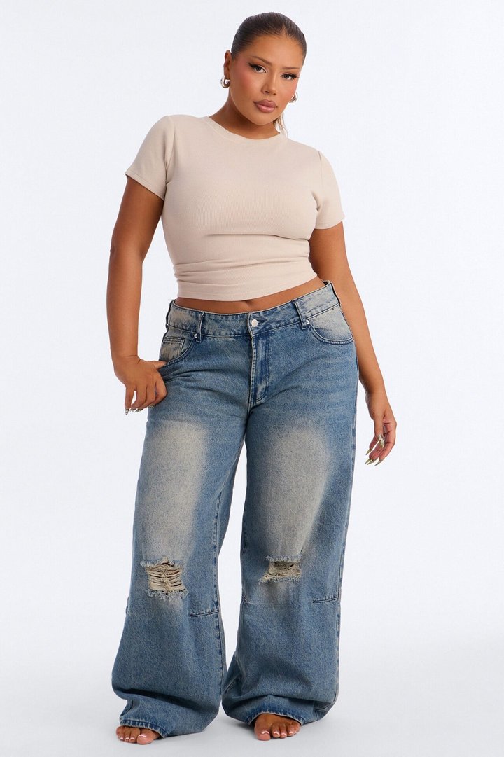 Kayla Rib Cap Sleeve Crew Neck Top - Stone