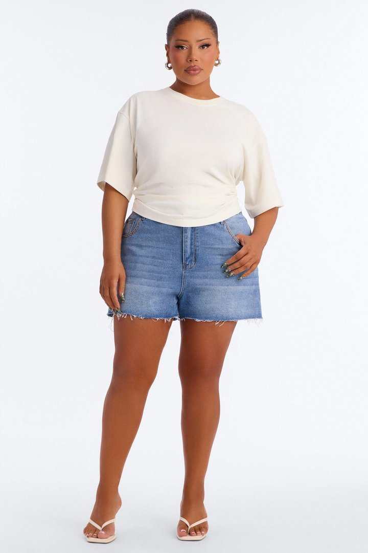 Nora Crew Neck Ruched Short Sleeve T-Shirt - Cream