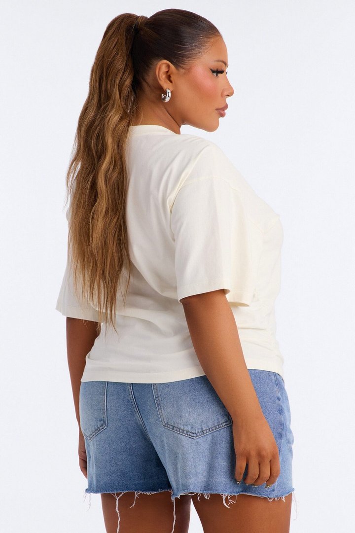 Nora Crew Neck Ruched Short Sleeve T-Shirt - Cream