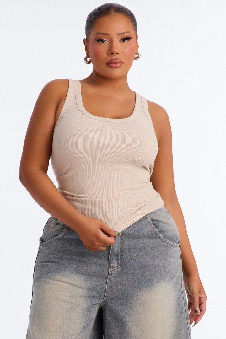 Irene Rib Scoop Neck Tank Top - Stone