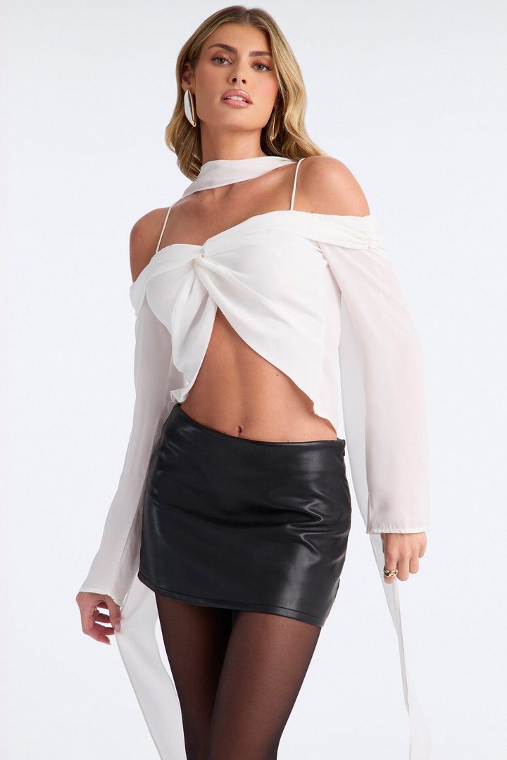 Eiffel Nights Off Shoulder Chiffon Scarf Blouse 2 Piece Set - White