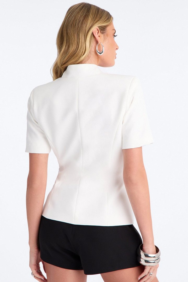 Gemini Dreams Stand Collar Short Sleeve Blazer - White