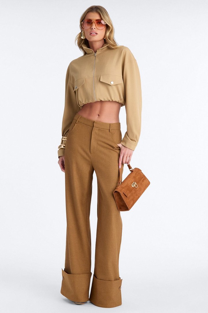 Clara High Rise Wide Leg Cuffed Trouser Pant - Brown