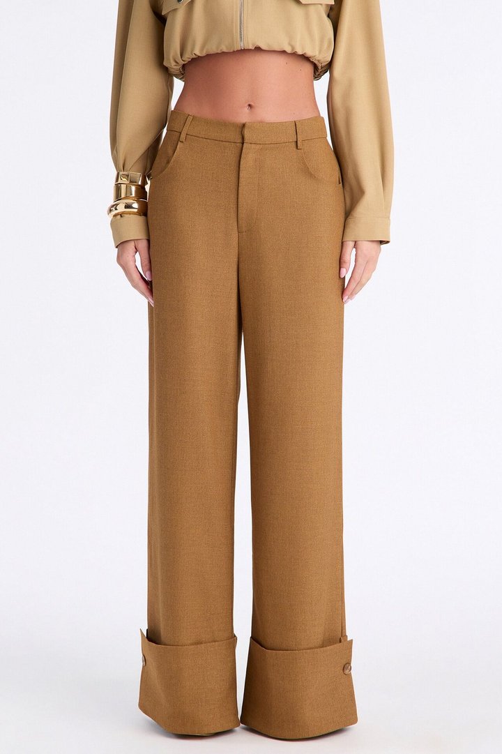 Clara High Rise Wide Leg Cuffed Trouser Pant - Brown