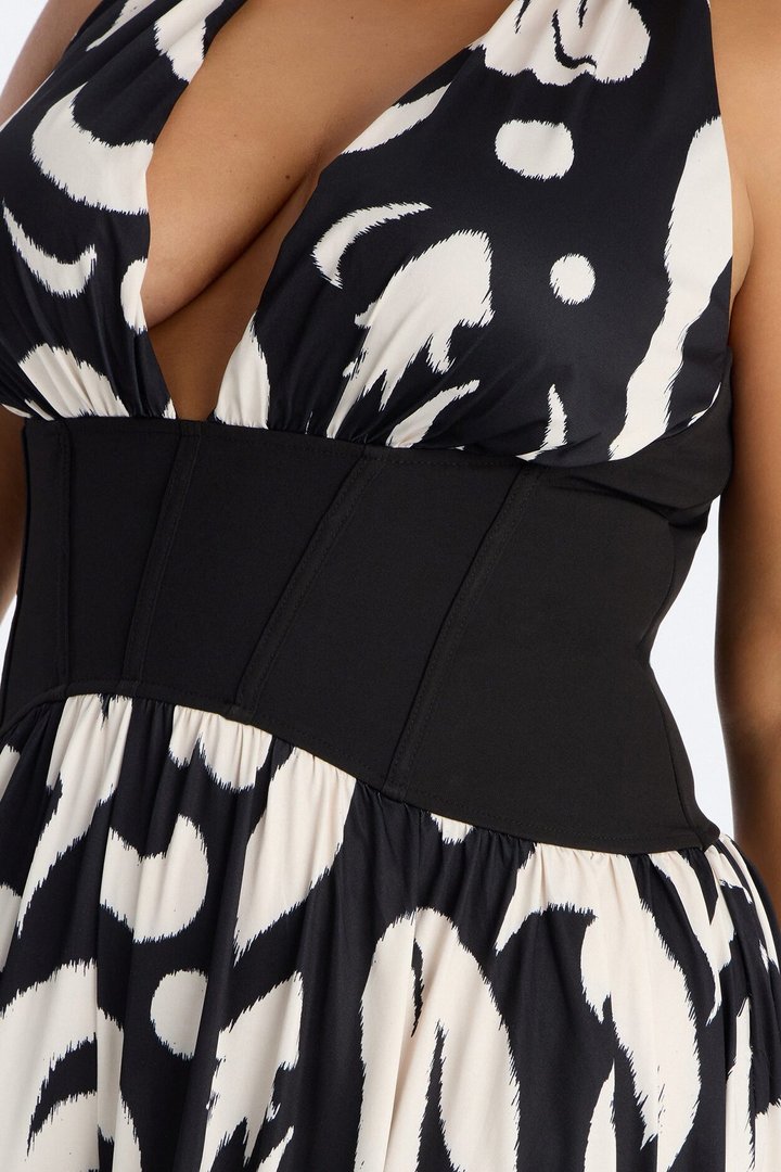 Cleo Plunge Corset Jumpsuit - Black/White