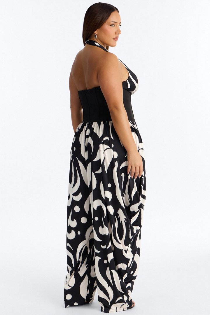 Cleo Plunge Corset Jumpsuit - Black/White