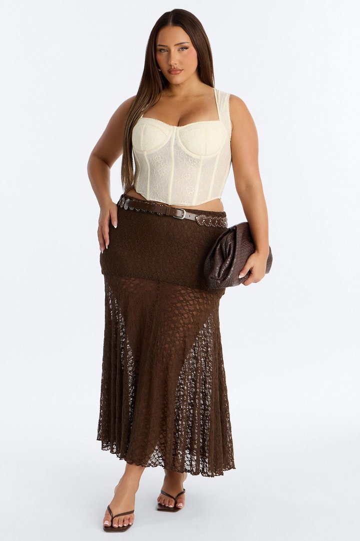 Jade Belted Lace Midi Skirt - Chocolate