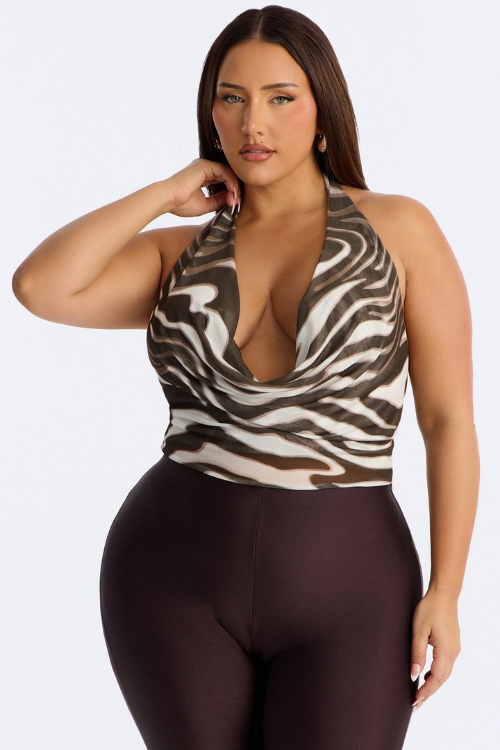 Sophia Zebra Mesh Cowl Neck Bodysuit - Brown/combo