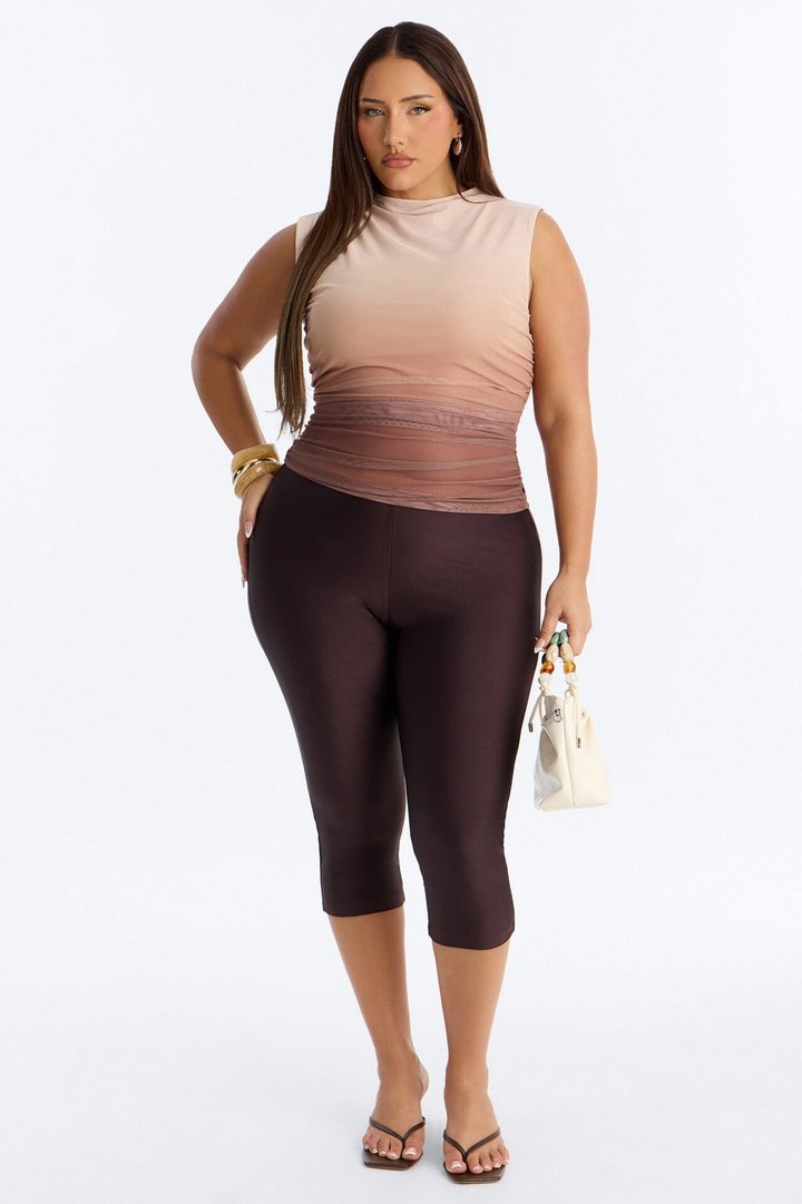 Tulum Sunset Mesh Mock Neck Ruched Sleeveless Top - Taupe/combo
