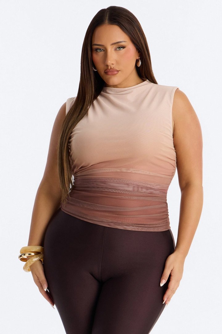 Tulum Sunset Mesh Mock Neck Ruched Sleeveless Top - Taupe/combo