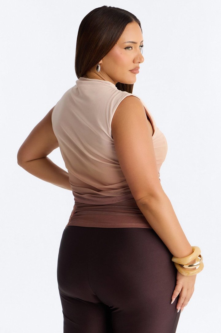Tulum Sunset Mesh Mock Neck Ruched Sleeveless Top - Taupe/combo