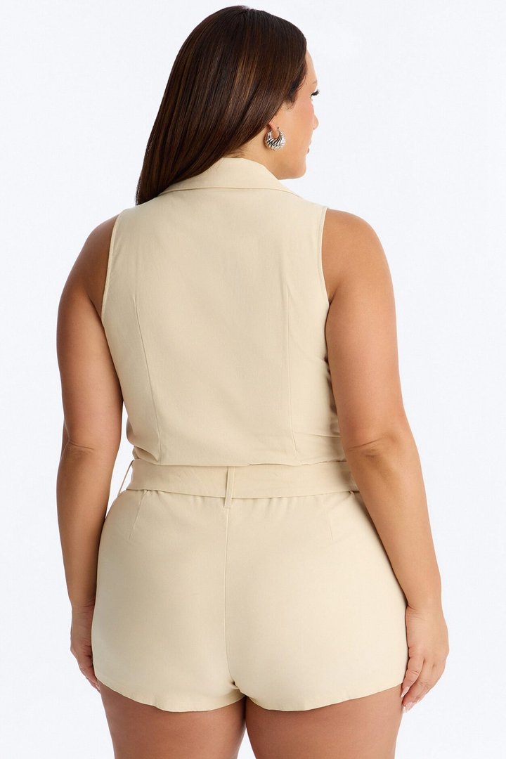 Shana Zip Front Belted Romper - Beige