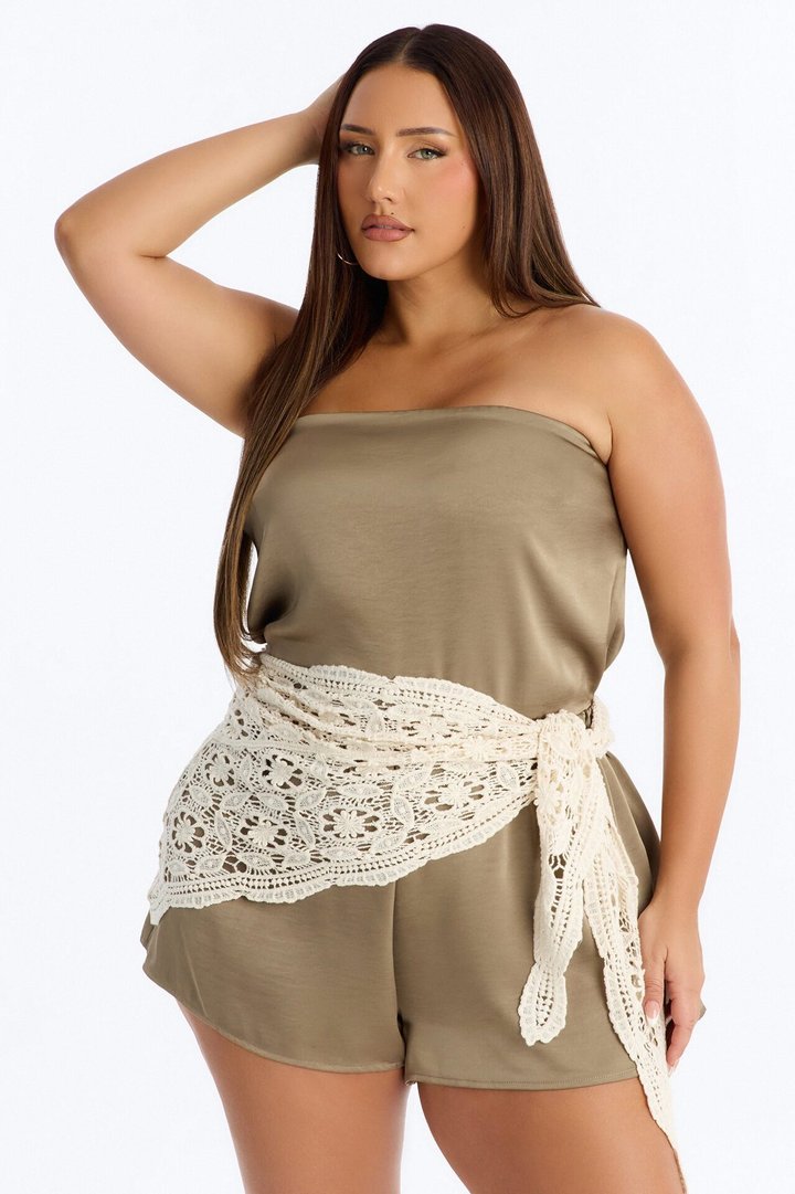 Via Waist Scarf Satin Romper - Olive