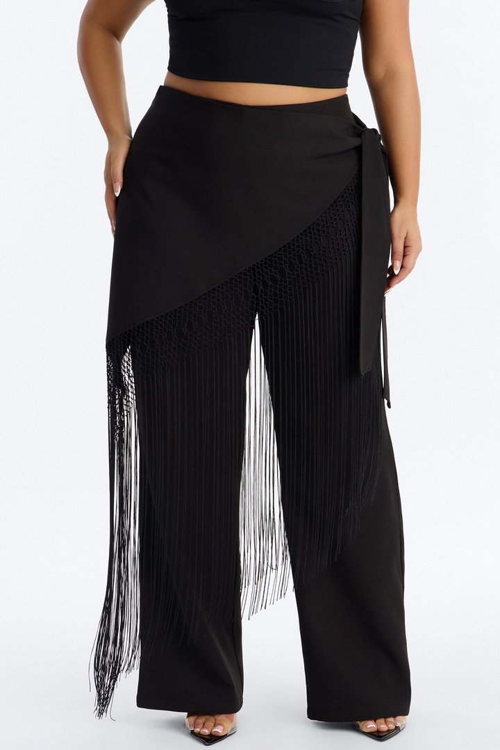 Willow Wrap Fringe Straight Leg Trouser - Black