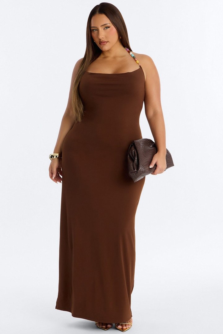 Leila Beaded Halter Maxi Dress - Brown