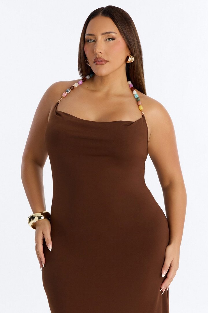 Leila Beaded Halter Maxi Dress - Brown