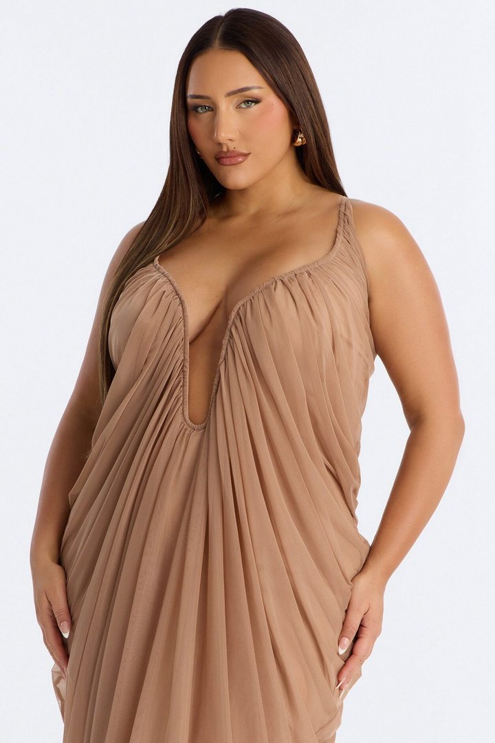 Hailey Draped Mesh Maxi Dress - Mocha