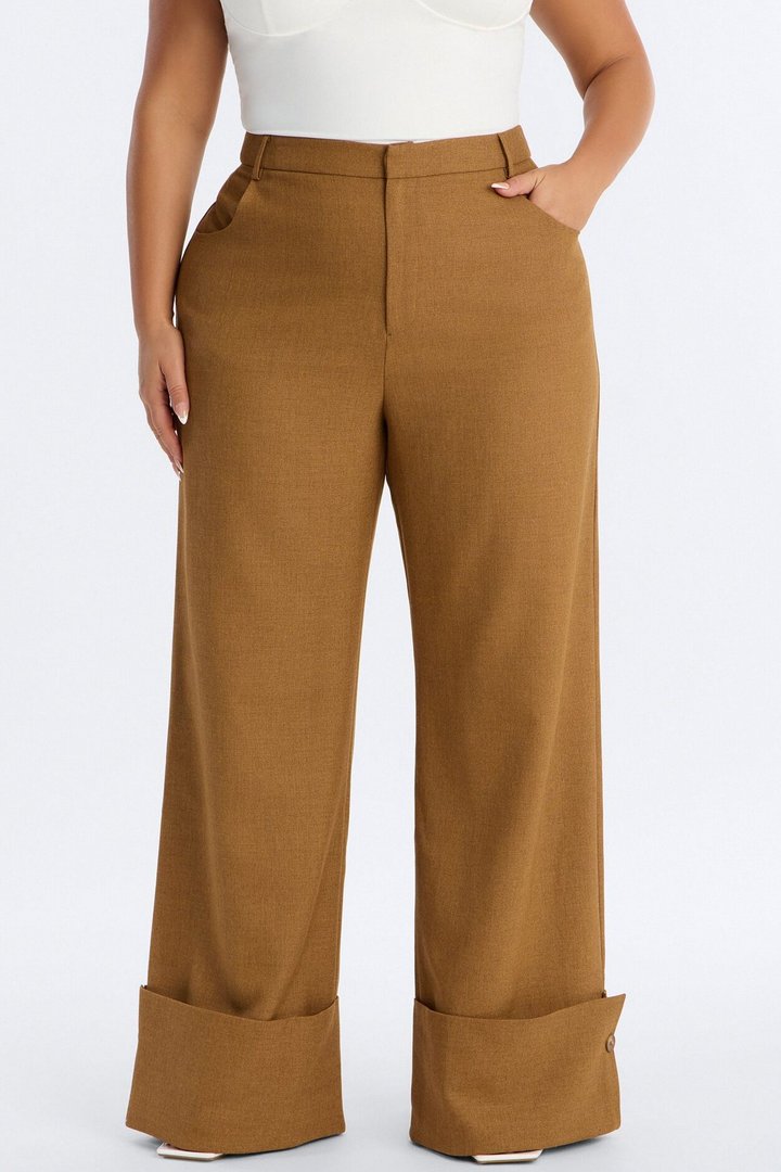 Clara High Rise Wide Leg Cuffed Trouser Pant - Brown