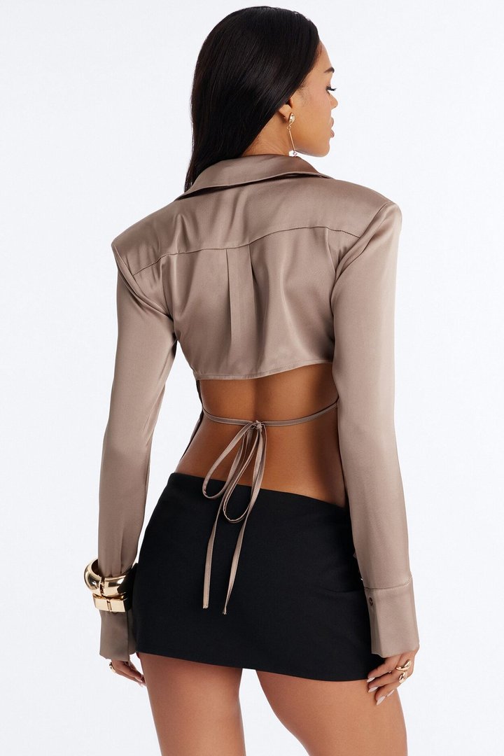 She Sets The Tone Shoulder Pads Satin Shirt - Taupe