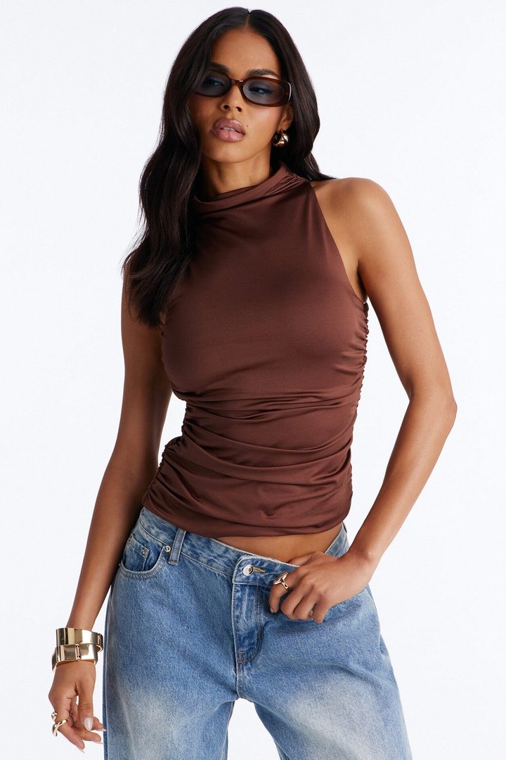 Eliana High Neck Top - Brown