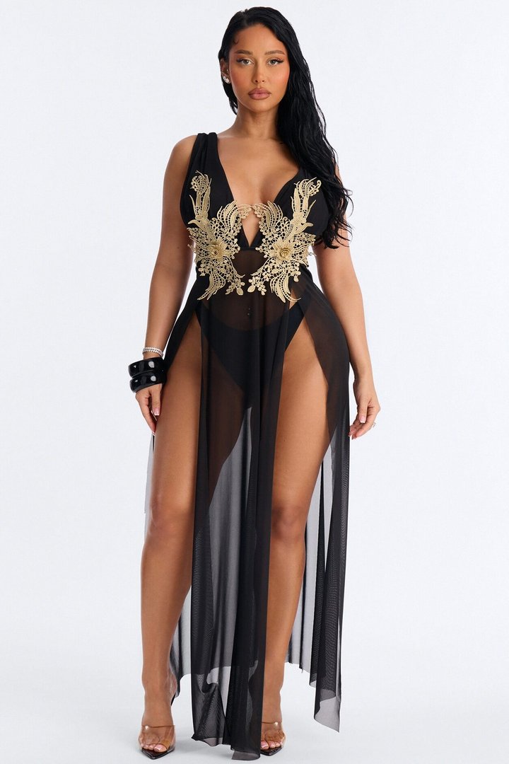 Leslie Applique High Slit Cover Up Dress - Black