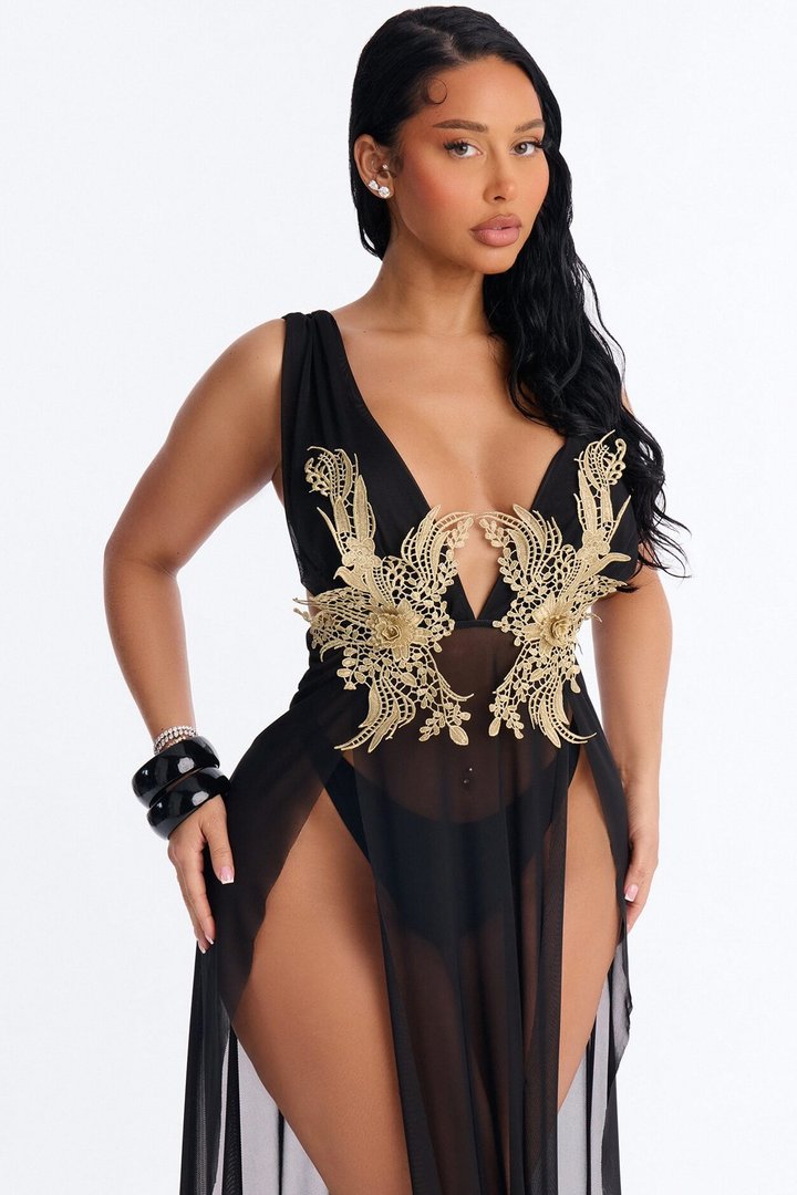 Leslie Applique High Slit Cover Up Dress - Black