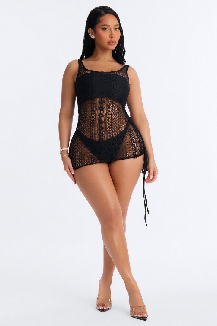 Yvette Lace Mini Swim Cover Up Dress - Black