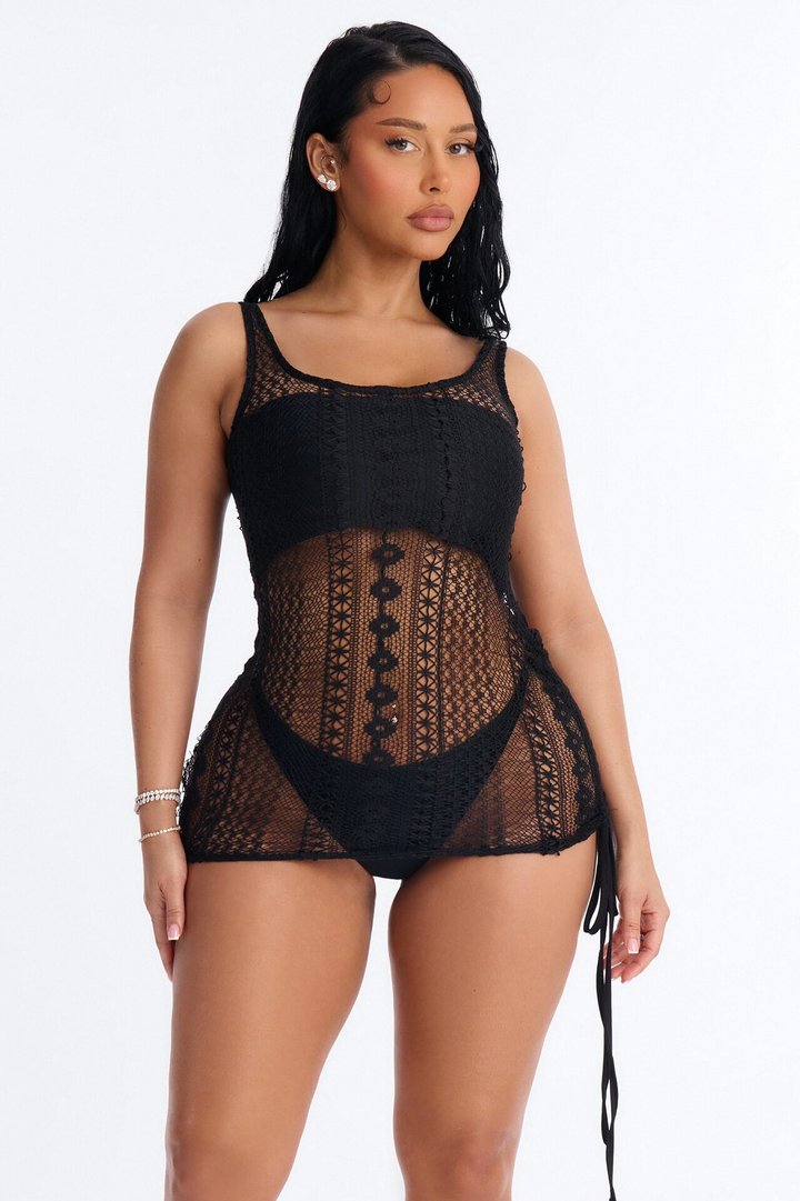 Yvette Lace Mini Swim Cover Up Dress - Black