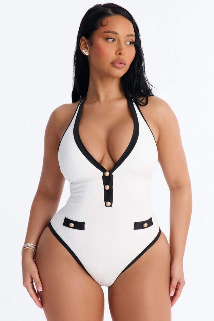 Baddest On The Shore 1 Piece Plunge Neck Halter Swimsuit - White/Black