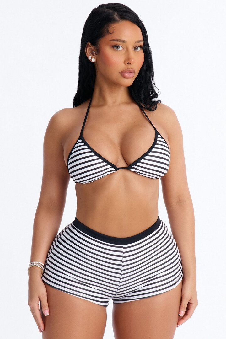 Good For Me Striped 2 Piece Triangle Bikini & Boyshort Bottom Set - Black/White
