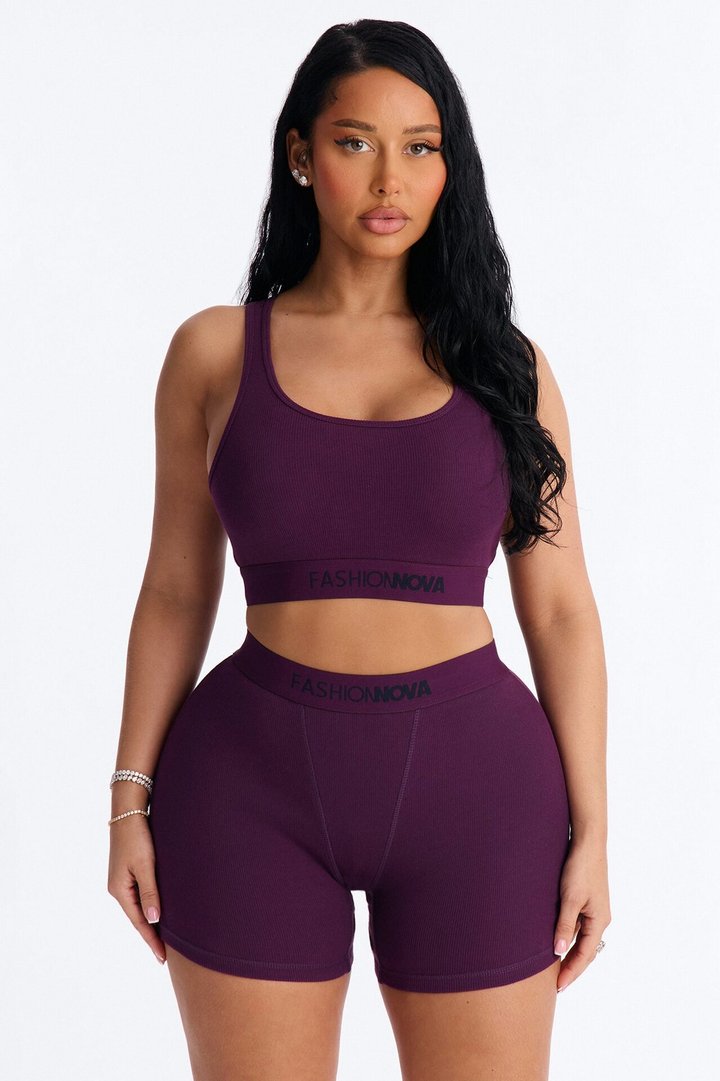 FN Mood Cotton Ribbed Racer Back Bra and Boxer Set - Plum