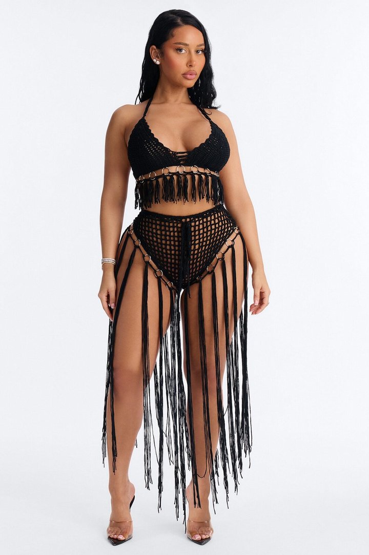 Desert Dreams 2 Piece Halter Bralette Crochet Fringe Sunsuit - Black