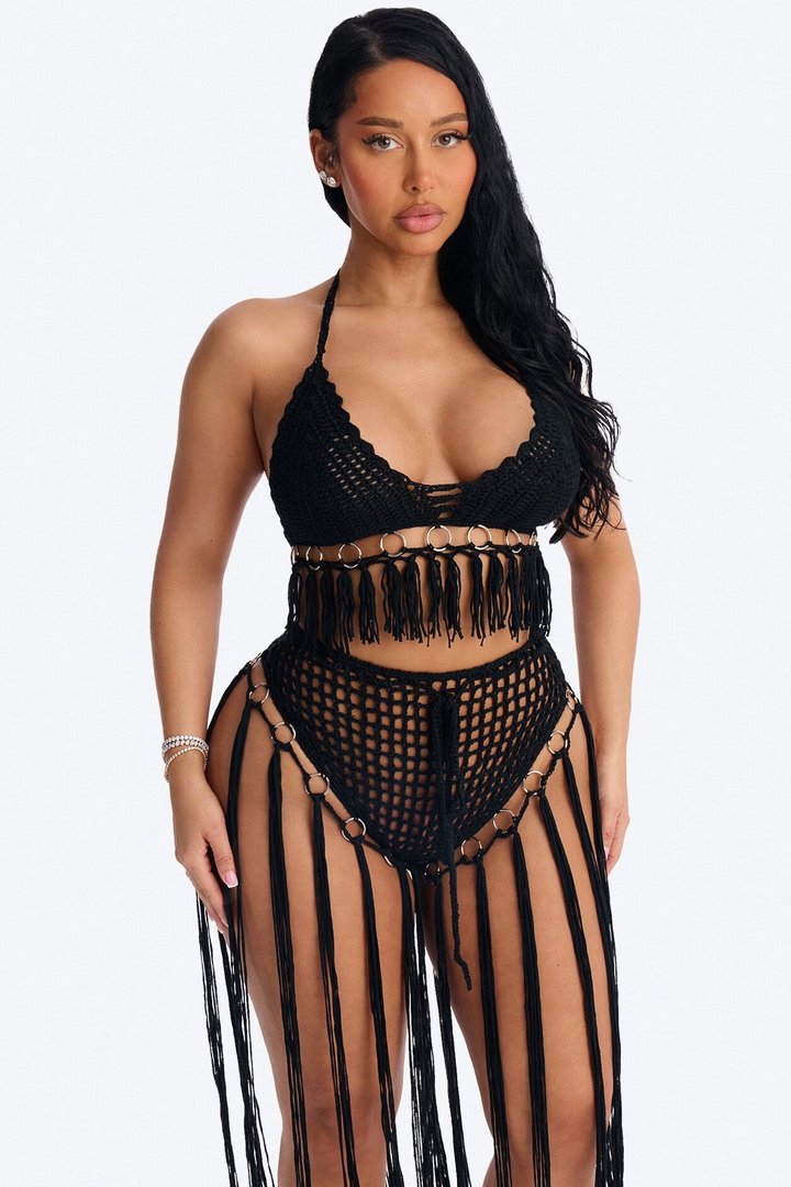 Desert Dreams 2 Piece Halter Bralette Crochet Fringe Sunsuit - Black