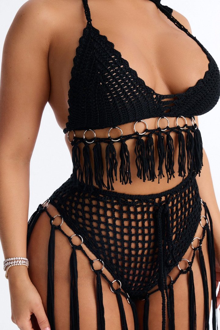 Desert Dreams 2 Piece Halter Bralette Crochet Fringe Sunsuit - Black