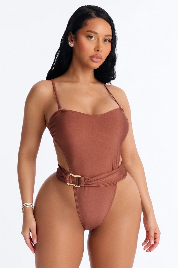 On The Bright Side 1 Piece High Cut Belted Swimsuit - Brown