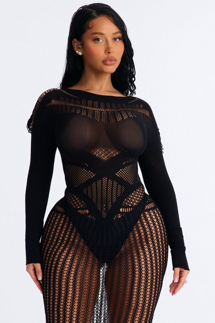 Nellie Knit Bodystocking Dress - Black