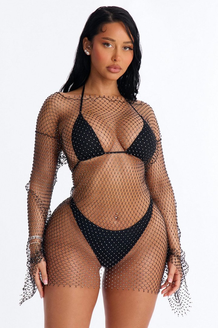 Caught In Rhinestone Fishnet Swim Cover Up Mini Dress - Black