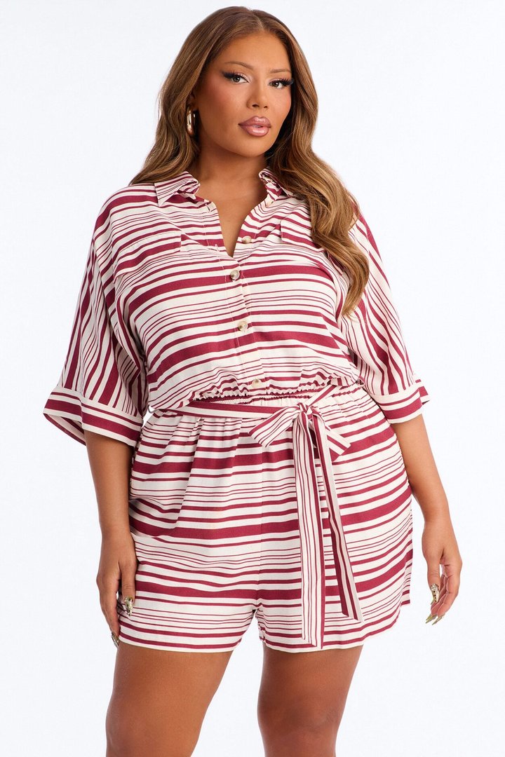 Stilia Striped Collar Linen Romper - Burgundy