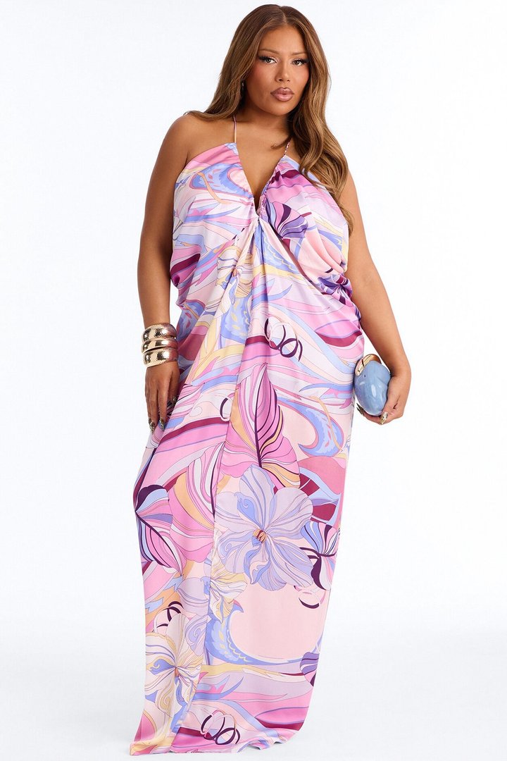 No Rush Draped Satin Maxi Dress - Purple/combo